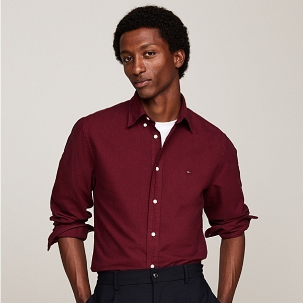 Tommy Hilfiger buttons up shirt formal wine red long sleeve 16 Large Men classic